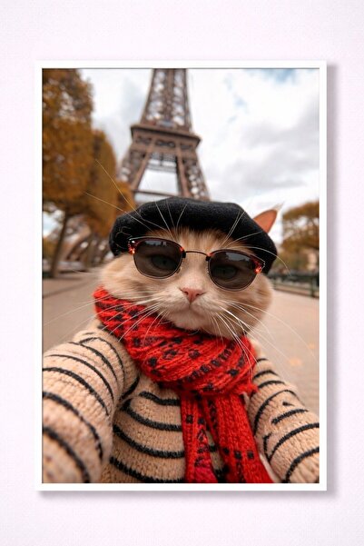 BuzzDesigns Paris Sokaklarında Stil – Şapkalı ve Atkılı Kedi Temalı Duvar Tab...