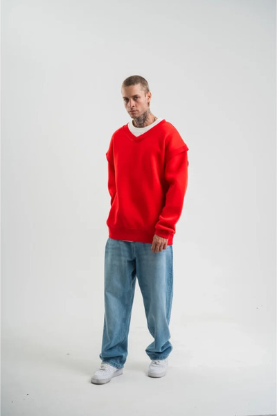 Kanonik Education Wide V-Neck Sleeve Ribbed Detailed Sweatshirt - Red