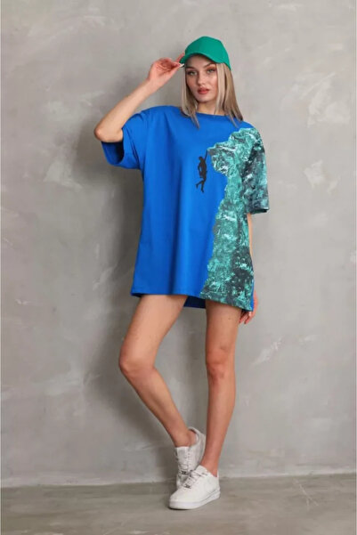 Kanonik Education Unisex okrugla kragna Štampano Oversize kroj T-shirt - Plava