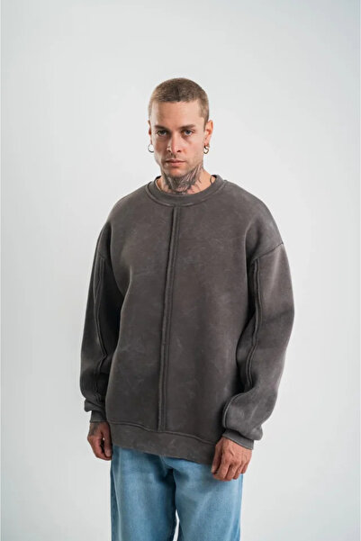 Kanonik Education Unisex Crew Neck Special Dirty Stitched Washable Sweatshirt - Smoked