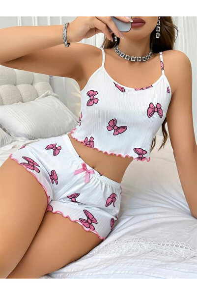 Genel Markalar Arias Closet Pamuklu Beyaz Üstüne Pembe Kurdela Desenli Fitill...