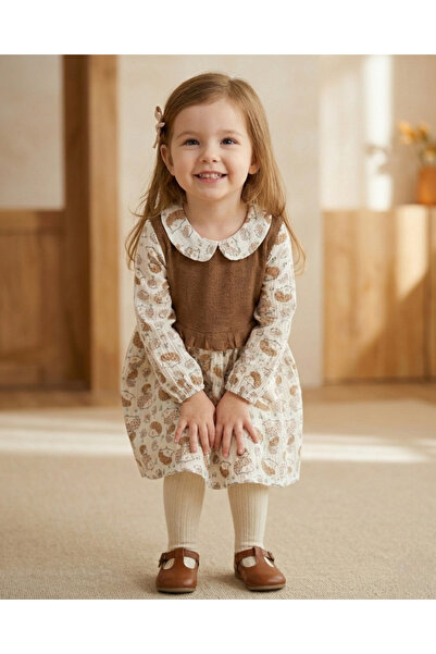 Ege Bebek Kız Çocuk Kirpi Baskılı Müslin Elbise ve Süveter l 2-3-4-5-6 Yaş Sü...