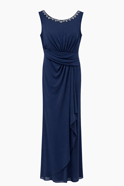 Hüseyin Baştürk Lacivert Taş İşlemeli Drape Abiye