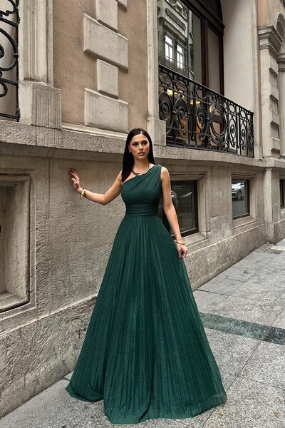 My Loore Kadın Zümrüt Yeşili Tek Omuz Uzun Abiye Elbise | Özel Gün & Davet Elbisesi MLB110