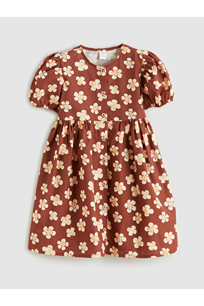 LC Waikiki MG TRENDEN Καφέ Φόρεμα με Φλοράλ Βολάν για Κορίτσια