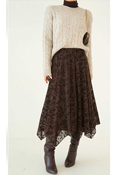 QUSTYLE Women's Velvet Patterned Lined Asymmetrical Cut Elastic Waist Midi Sk...