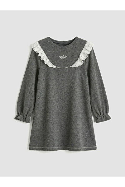 LC Waikiki Rochie pentru fetiță antracit guler rotund cu broderie