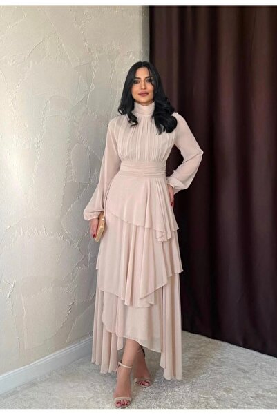 Dilek Vardar Beige Women's Chiffon Floor Skirted Tulle Sleeved Pleated Long Dress