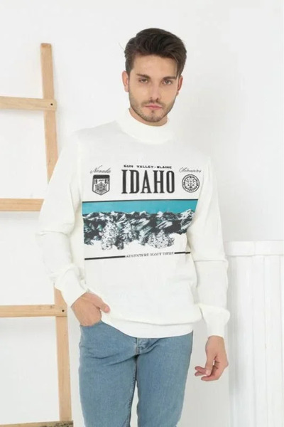 Kanonik Education    Printed Half-Neck Long Sleeve Woven Knitwear - White