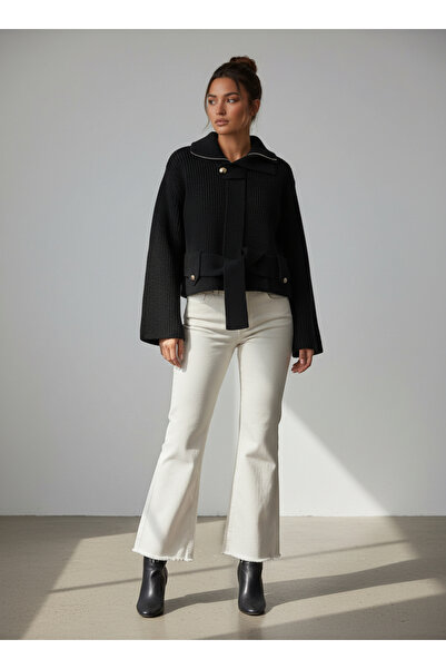 VETTA Zippered Belted Buttoned Wool Thick Knit Cardigan