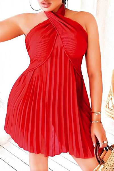 Scarlest Cămașă de noapte cu volane mari, tip halter, culoare roșie