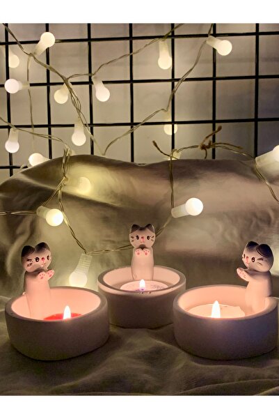 LappeL Üşüyen Kedi 3’lü Set - Taş Beton Mumluk - Yanında Tealight Mum Hediye