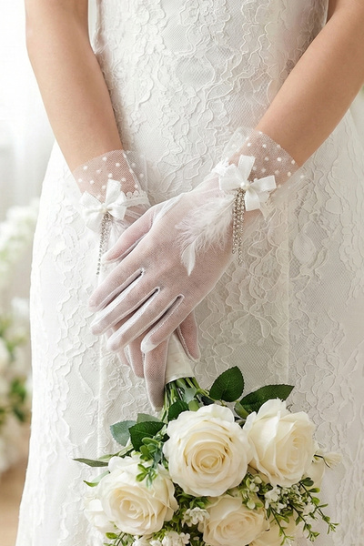 Limelia Mănuși de mireasă din tul cu buline - Accesoriu pentru nuntă și petrecere de nuntă cu pandantiv cu piatră și perle cu fundă