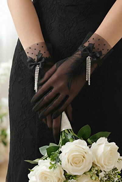 Limelia Mănuși de mireasă din tul cu buline - Accesoriu pentru nuntă și petrecere de nuntă cu pandantiv cu piatră și perle cu fundă