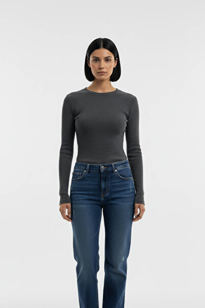 SWALORA Crew Neck Long Sleeve Corded Fabric Blouse