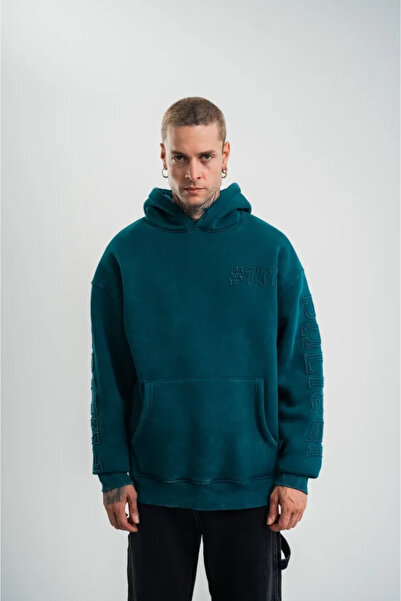Kanonik Education Hooded Double Oversize Washed Embroidered Sweatshirt - Dark Sea Green