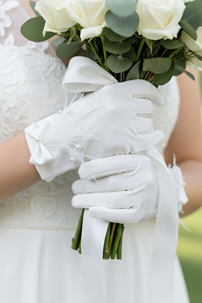 Hayalperest boncuk Victorian Pearl Satin Bridal Gloves - Luxurious Wedding Gloves with Feather and Bow Detail