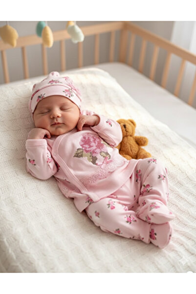 BEREN Kız Bebek Gül Nakışlı Dantelli Penye 3'lü Takım Hastane Çıkışı