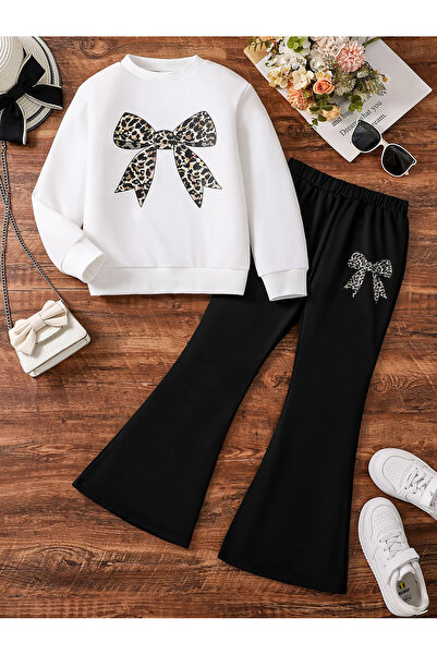 Kids Kız Çocuk Leopar Kurdele Baskılı Beyaz Sweatshirt-İspanyol Paça Tayt Takım