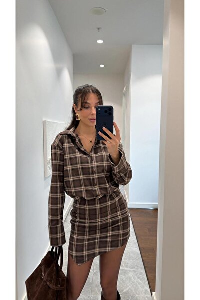 JaMolls Fustă asimetrică în carouri, cu detaliu de tiv, croială lejeră, mater...