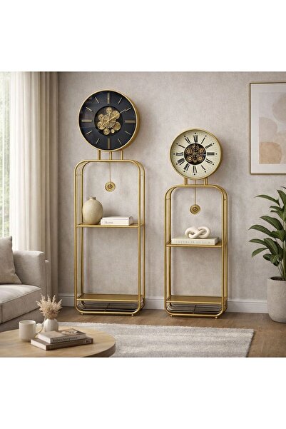 hediyeconcepti 2'Lİ Gold Metal Çark Mekanizmalı Saatli Dekoratif Raf Ünitesi