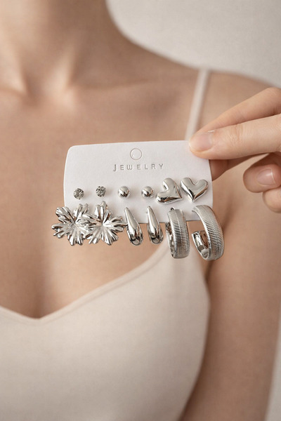 MRK Kadın Kombin Halka Küpe İnci Set Çoklu Küpe