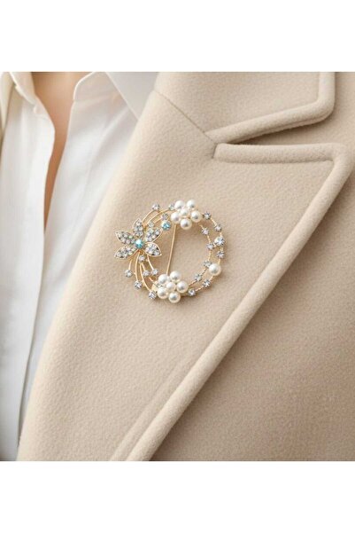 Daily Bazaar Zarif İnci ve Kristal Işıltılı Çiçek Broş - Gold Seri
