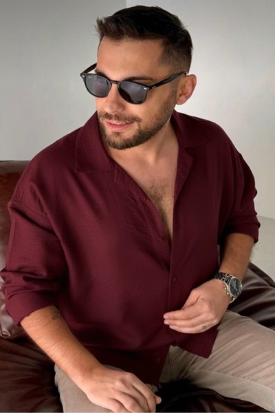 bb butik basic Dökümlü keten dokulu oversize spor yaka gömlek BORDO