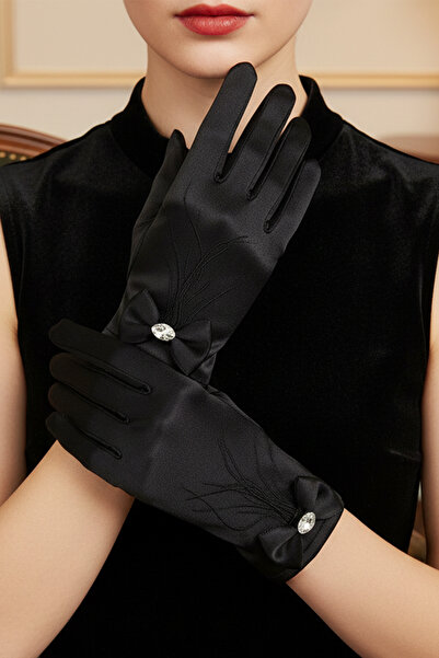 ESPEREST Satin Bridal Gloves - Short Wedding Gloves with Bow and Stone Detail...