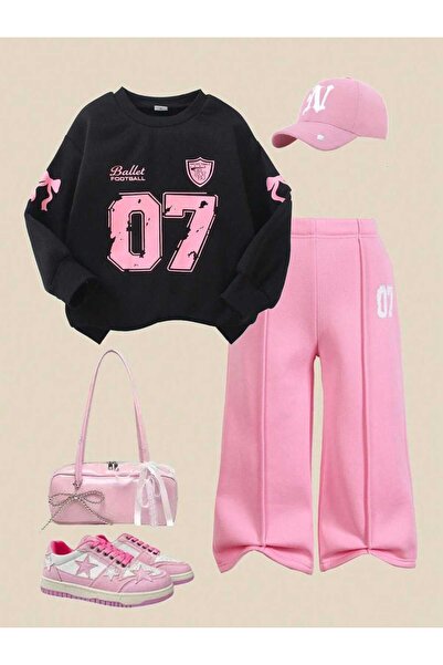 Kids 07 Baskılı Kız Çocuk Alt Üst Takım Siyah Pembe