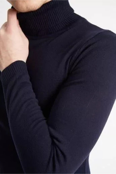 Kanonik Education    Full Throat Turtleneck Woven Sweater - Navy Blue