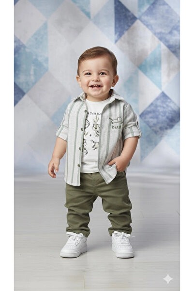 Bontino Baby Boys' 3-Piece Set - 100% Cotton Printed T-Shirt, Striped Shirt a...