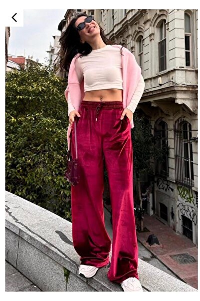 Kanonik Education Women's High Waist Elastic Detail Velvet Fabric Wide Leg Pants