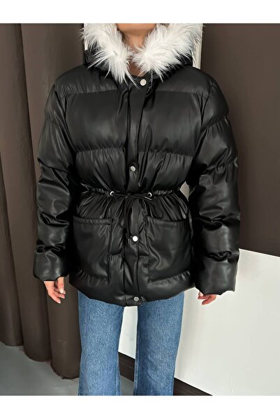 Helen Goods Women's Puffer Leather Coat with Fur Hood