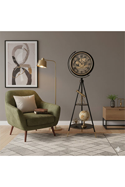 hediyeconcepti Endüstriyel Tripod Ayaklı Saat & Çift Sehpalı Mekanik Kadranlı...
