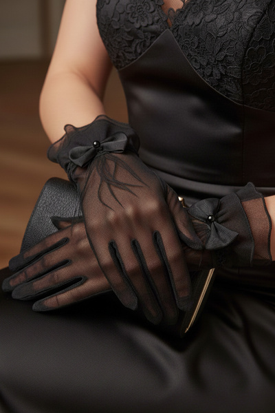 Limelia Fırfır Detaylı Transparan Gelin Eldiveni - Nervürlü Tül Kumaş Şık Nikah Aksesuarı