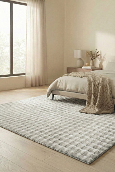 KEVSER HALI Bubble Tavşan Post Peluş Yumuşak Dokulu Kaymaz Taban Halı Gri