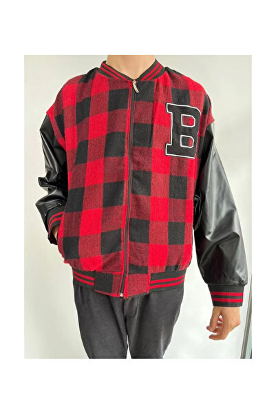 Kanonik Education Men's Gingham Pattern Embroidered College Jacket - Red