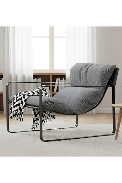 SLLER Modern Tasarım Metal İskeletli Berjer - Gri Kumaş Döşemeli Elyaf Dolgul...