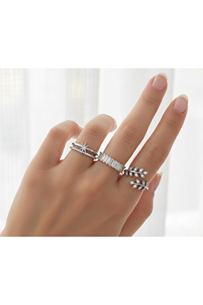 Ervalina مجموعة خواتم مكونة من 3 قطع على شكل عمود وورقة شجر مصنوعة من حجر الز...