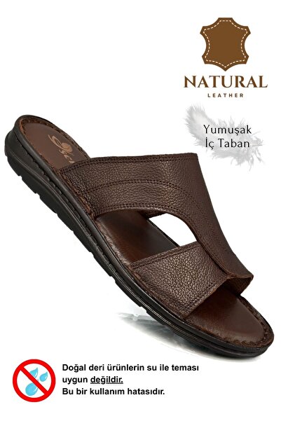 lil amore Genuine Real Leather Men's Slippers Lightweight Slippers Leather A Şır. Coffee