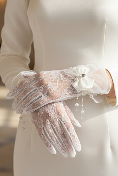 Hayalperest boncuk Hayal Tulle Bridal Gloves - Wedding Gloves with Pearl Branch and Crystal Stone Bow Detail