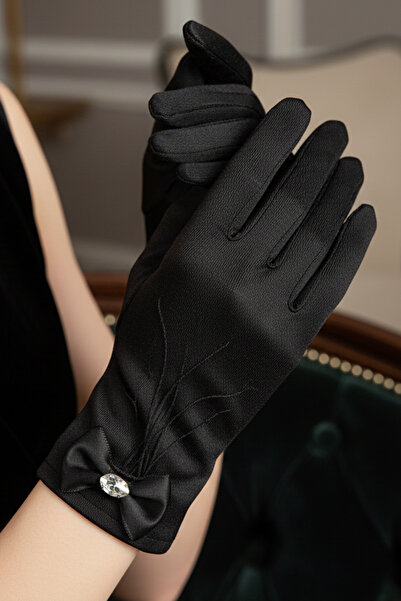 Limelia Satin Bridal Gloves - Short Wedding Gloves with Bow and Stone Detailing - Vintage Wedding Accessory