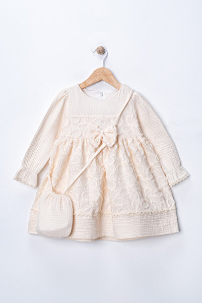 Seramis Girl's Muslin Dress with Bag and Bow 100% Cotton – Beige / Ecru / Pink