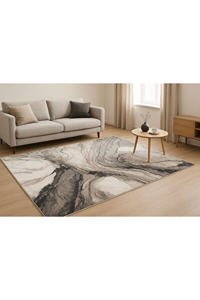 SER CARPET Modern beige white carpet with black accents, abstract marbled pattern for living room and bedroom 80 X 300