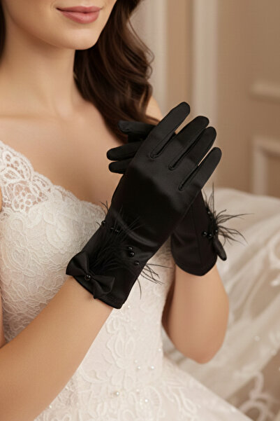 Hayalperest boncuk Victorian Pearl Satin Bridal Gloves - Luxurious Wedding Gloves with Feather and Bow Detail