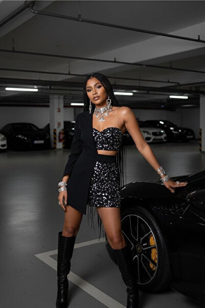 Afitapbutikmoda Tek Omuz Dekolteli Taşlı Crop Model Ceket Şort Tulum