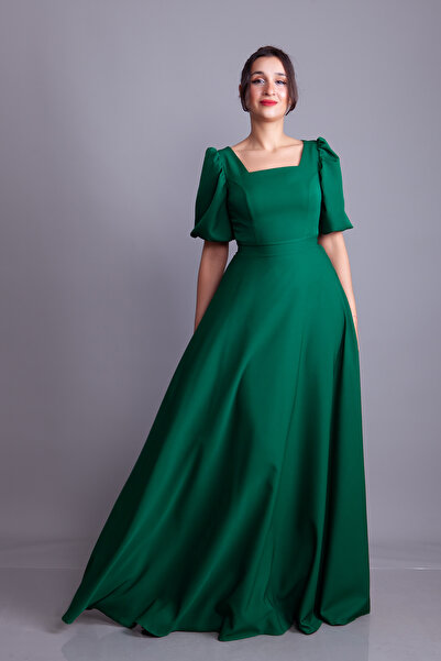 Bidoluelbise فستان سهرة طويل بأكمام بالون وياقة مربعة من الزمرد