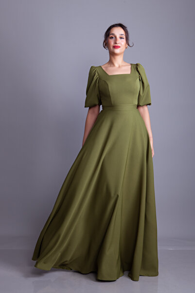 Bidoluelbise Khaki Square Neck Balloon Sleeve Maxi Length Evening Dress