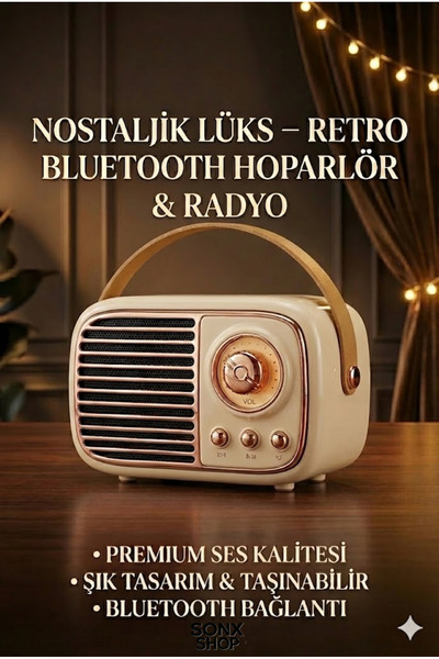 sonx Nostaljik Retro Bluetooth Hoparlör FM Radyo ve USB Girişli Yüksek Ses Ka...